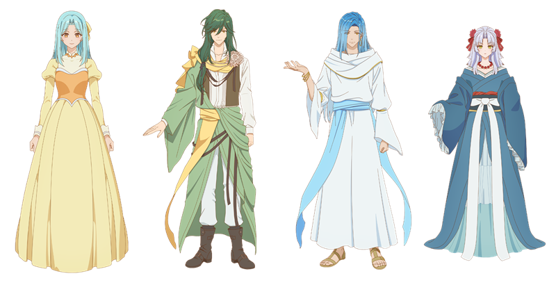 the villainess is adored by the prince of the neighbor kingdom character designs for aishira, keith, crail and pearl